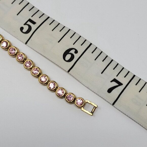 Vintage Signed Avon Pink Rhinestone Gold Tone Circle Box Chain Tennis Bracelet - Picture 10 of 11